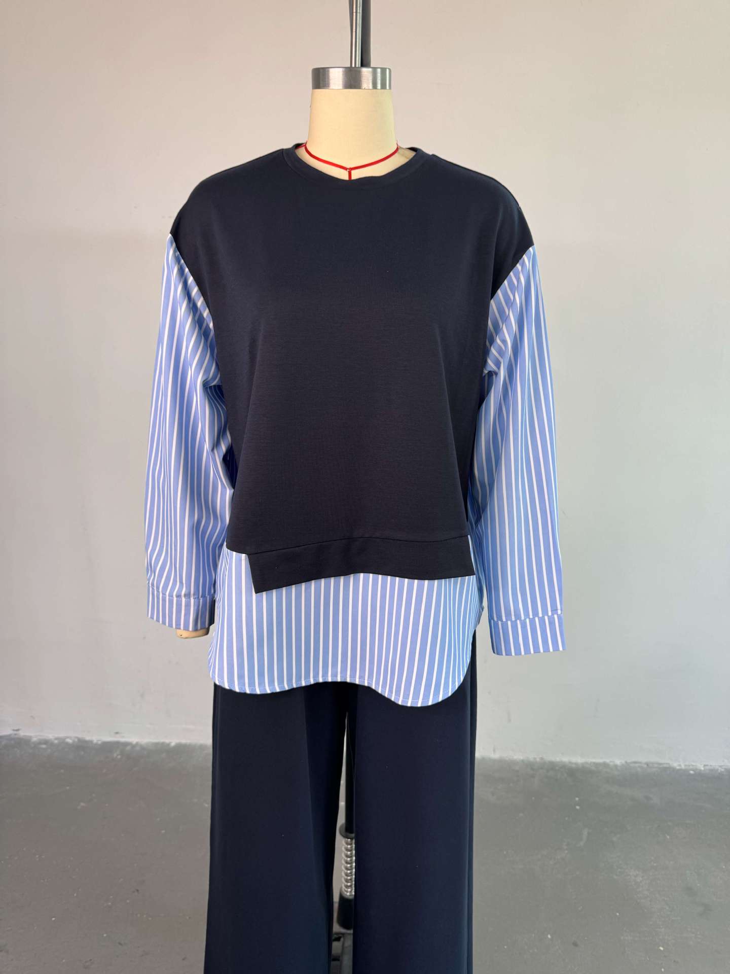 Women's Summer Fashion Round Neck Patchwork Striped Top & High-Waist Pants Casual Set