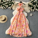 Sexy Cut-Out Halter Neck Strap Dress Women's Slim Waist Chic Holiday Floral Dress