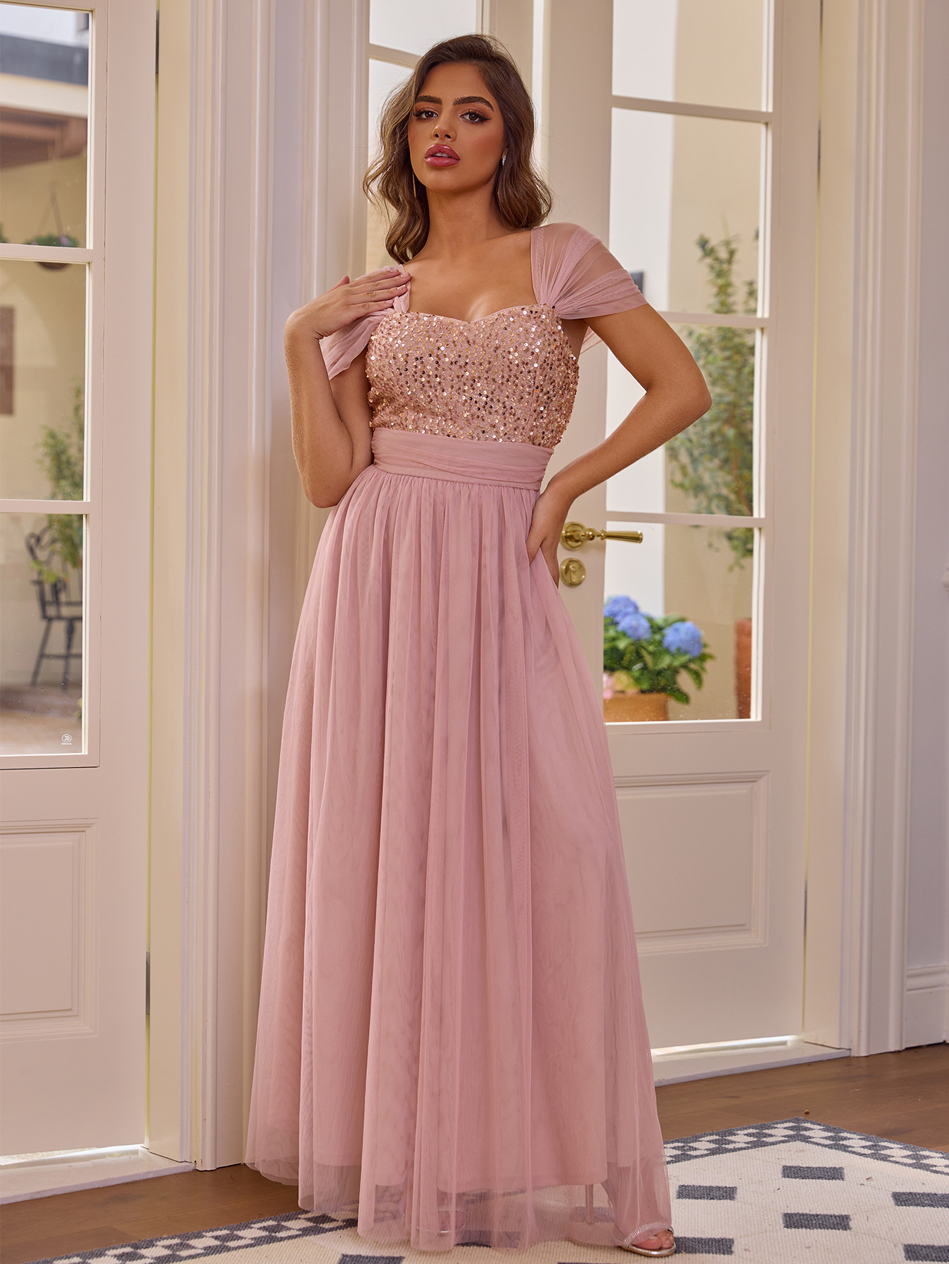 Sequin Short Sleeve Evening Dress