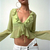 Summer Ruffle Tie Deep V-Neck Long Sleeve Women's Sheer Top