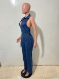 Women's Spring Sleeveless Fashion Halter Low Back Denim Jumpsuit