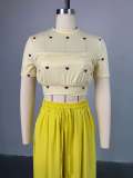 Women's Summer Sweet & Trendy Round Neck Heart Print Short Sleeve Top & Wide-Leg Pants Set