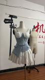 Sexy Denim Patchwork Strap Top & Pleated Mini Skirt Set