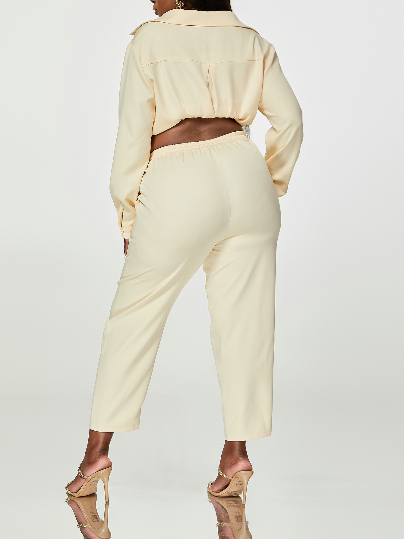Women's Casual Solid Turndown Collar Shirt Plus Size Pants Set