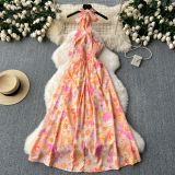 Sexy Cut-Out Halter Neck Strap Dress Women's Slim Waist Chic Holiday Floral Dress