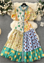 Color Block Patchwork Trendy Puff Sleeve Loose Flared Polka Dot Maxi Dress