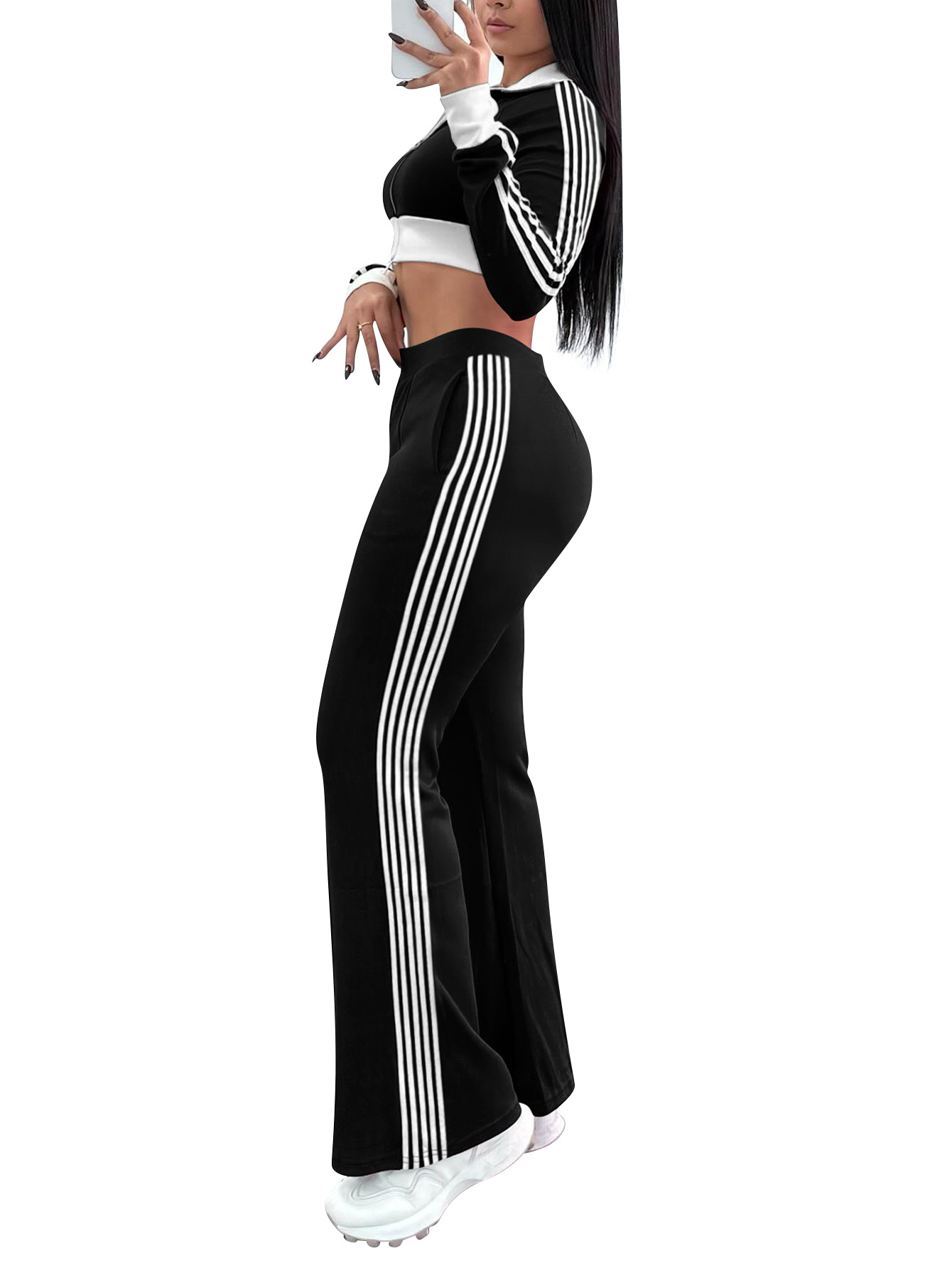 Women's Color-Blocked Casual Zip-Up Long Sleeve Top & Side-Stripe Sporty Pants Autumn/Winter Set