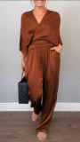 Summer Women's Solid Satin Short Sleeve Top & Pants Set