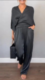 Summer Women's Solid Satin Short Sleeve Top & Pants Set