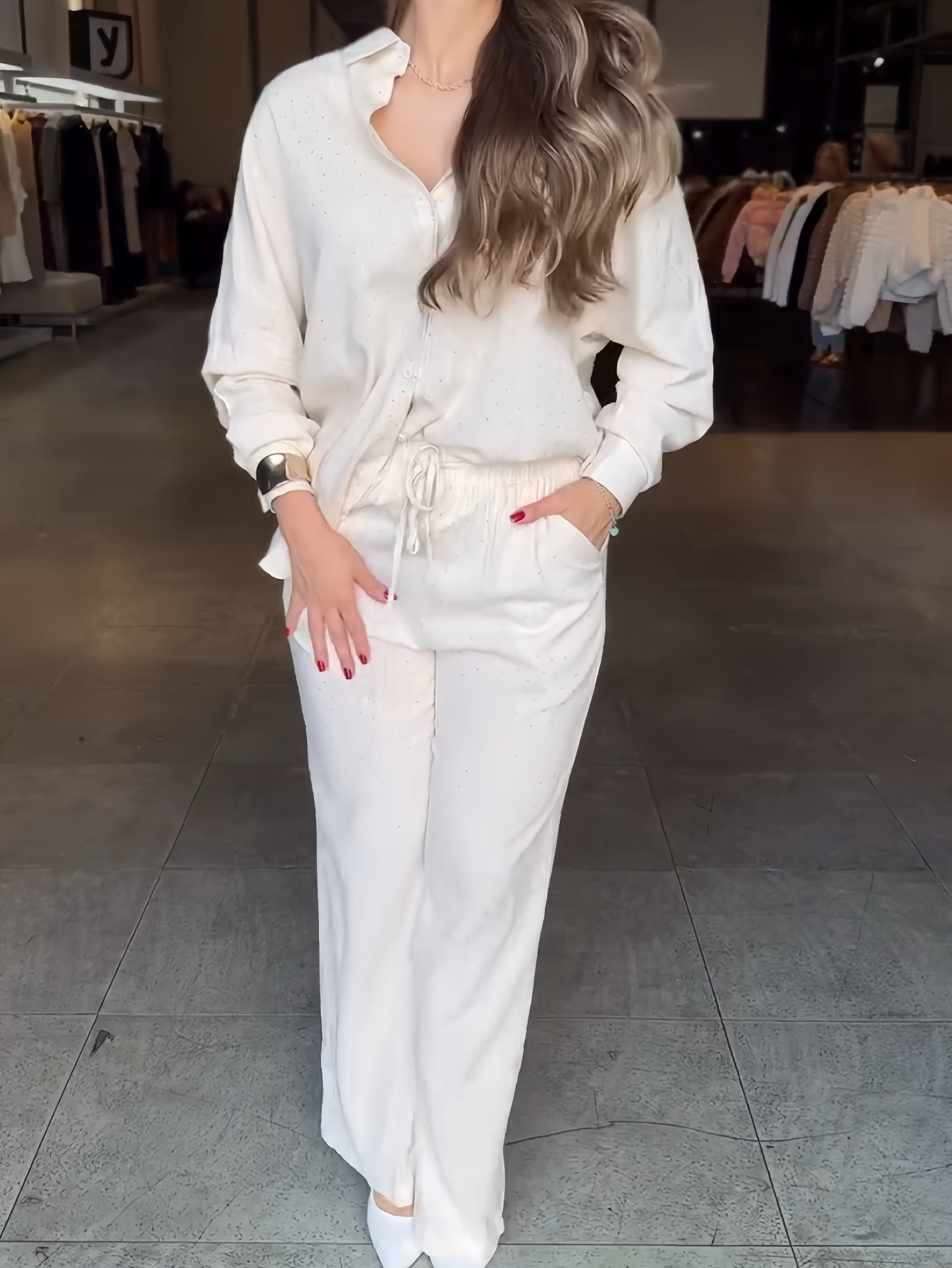 Women's Beaded Star-Embellished Blouse & Drawstring Wide-Leg Pants Set