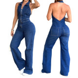 Women's Spring Sleeveless Fashion Halter Low Back Denim Jumpsuit