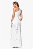 One-Shoulder Chic Elegant Solid Color Slim Waist High-Slit Side Ruffles Mermaid Evening Gown