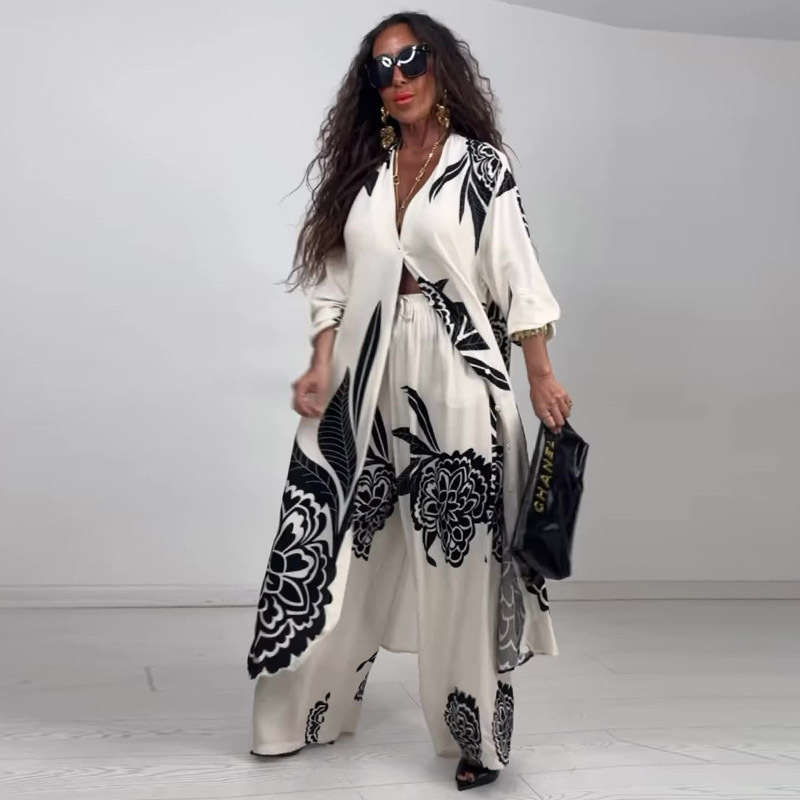 Summer Elegant Sexy Printed Top + Wide-Leg Pants Two-Piece Set