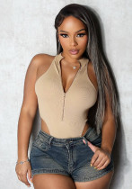 Women's Sexy Hot Ribbed Stand Collar Zip-Up Low Back Sleeveless Jumpsuit