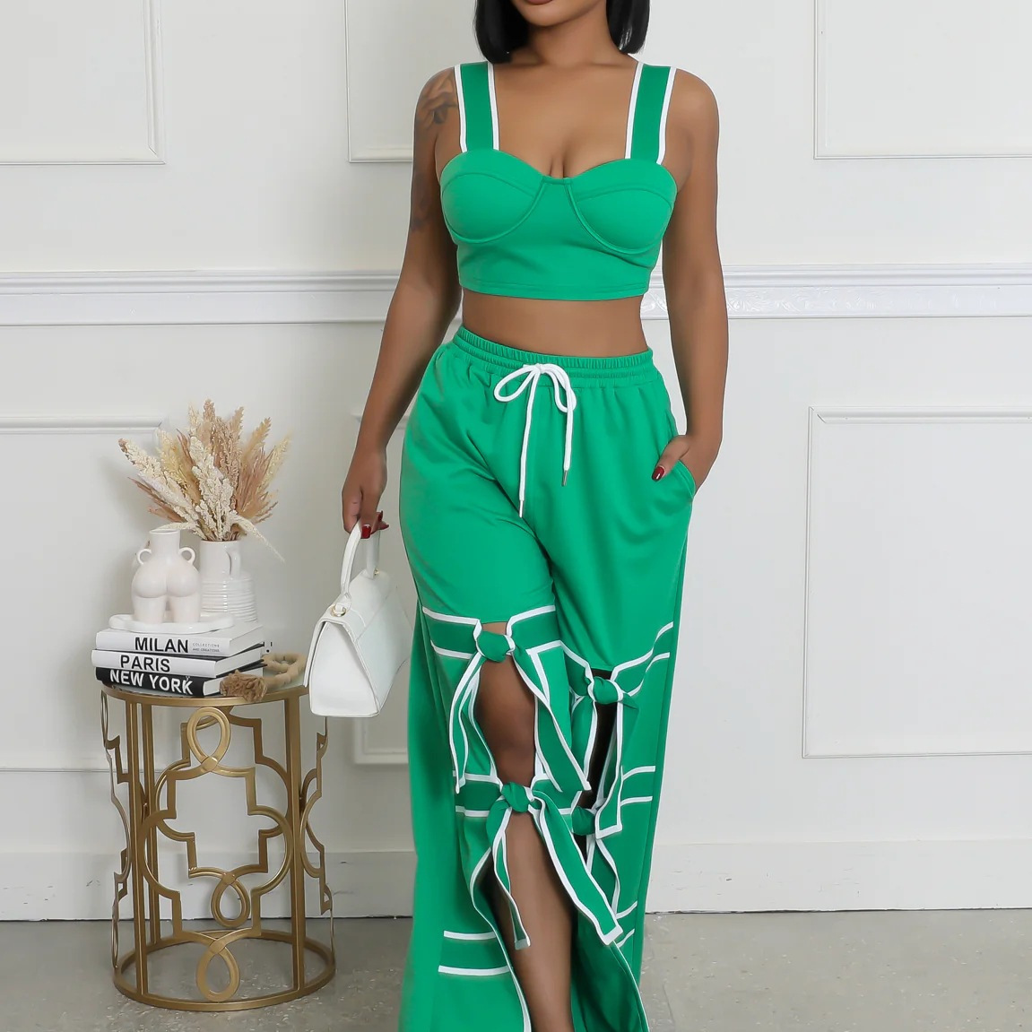 Women's Strap High-Waist Lace-Up Fashion Two Piece Pants Set