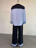 Women's Summer Fashion Round Neck Patchwork Striped Top & High-Waist Pants Casual Set