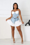 Sexy Denim Patchwork Strap Top & Pleated Mini Skirt Set