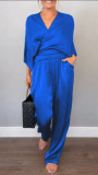Summer Women's Solid Satin Short Sleeve Top & Pants Set