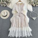 Round Neck Ruffle Sleeve Lace Dress Women's Summer Slim Fit Chic Elegant Gown
