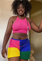 Summer Women's Knitwear Fashion Low Back Halter Neck Top & Tight-Fitting Shorts Set
