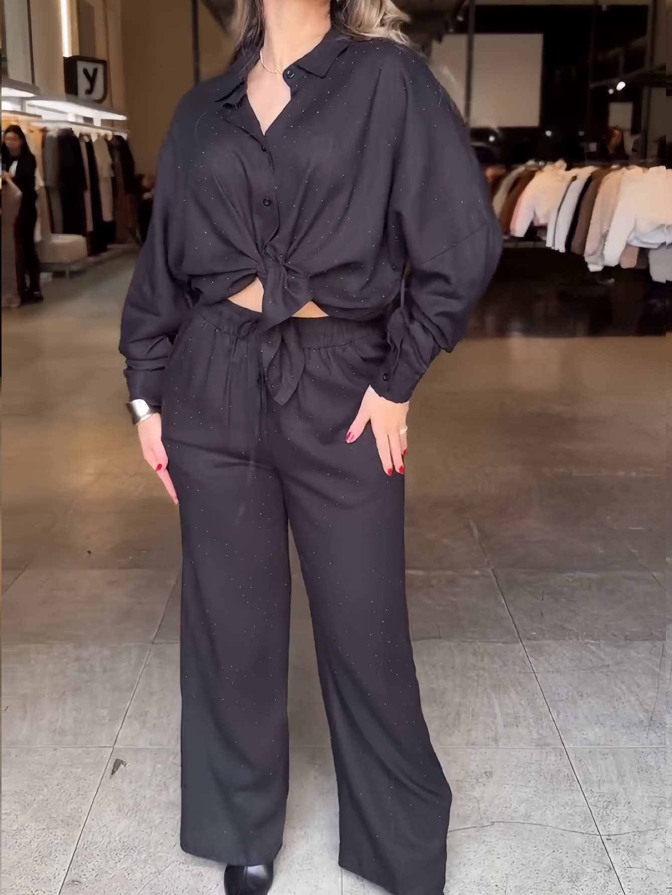 Women's Beaded Star-Embellished Blouse & Drawstring Wide-Leg Pants Set