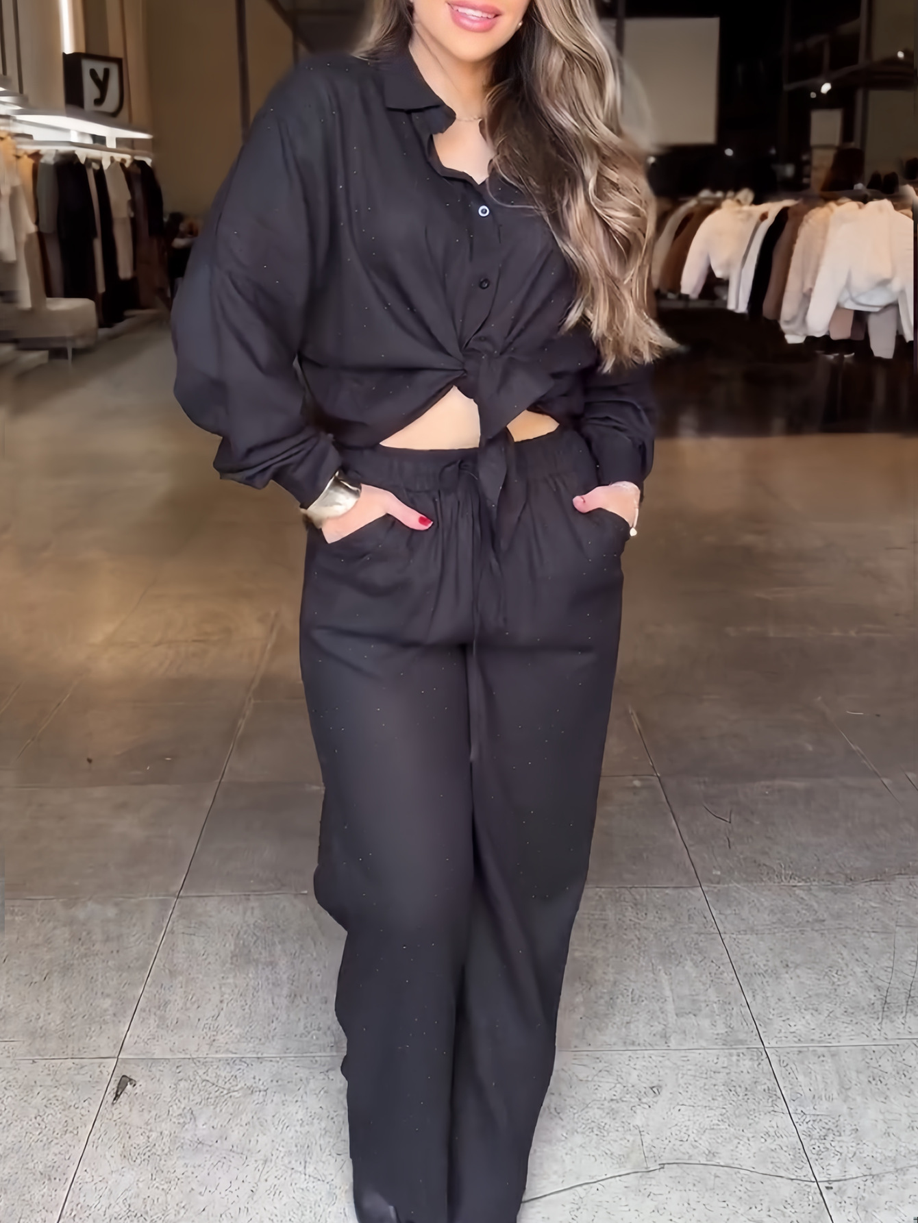 Women's Beaded Star-Embellished Blouse & Drawstring Wide-Leg Pants Set