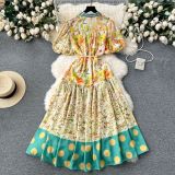 Color Block Patchwork Trendy Puff Sleeve Loose Flared Polka Dot Maxi Dress