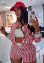 Women's Chic Career Style Striped Turndown Collar Shirt & Shorts Two-Piece Set