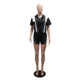 Solid Color Patchwork Sporty Casual Short Sleeve Top with Shorts Two-Piece Set
