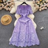 Round Neck Ruffle Sleeve Lace Dress Women's Summer Slim Fit Chic Elegant Gown