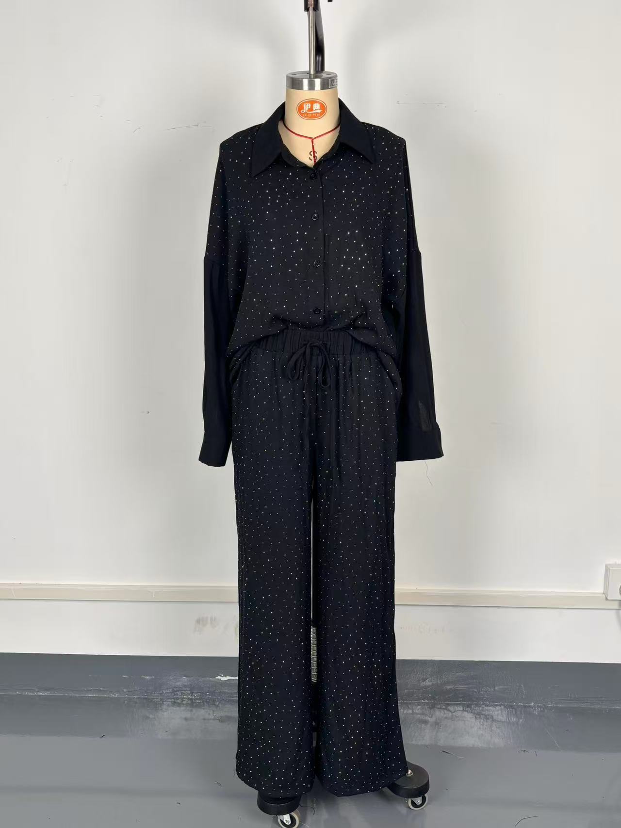 Women's Beaded Star-Embellished Blouse & Drawstring Wide-Leg Pants Set