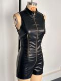 Women's Sleeveless Sexy Leather Jumpsuit Nightclub Bodycon Outfit