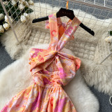 Sexy Cut-Out Halter Neck Strap Dress Women's Slim Waist Chic Holiday Floral Dress