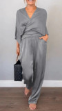 Summer Women's Solid Satin Short Sleeve Top & Pants Set