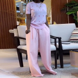 Women's Summer Sweet & Trendy Round Neck Heart Print Short Sleeve Top & Wide-Leg Pants Set