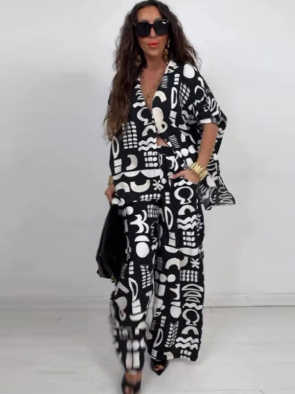 Summer Elegant Sexy Printed Top + Wide-Leg Pants Two-Piece Set