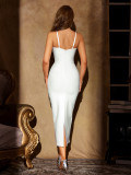 Rich Aesthetic White Ruffle Strap Dress Women's Chic Slim Fit Diamond Neckline Formal Party Gown