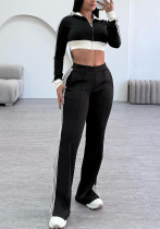 Women's Color-Blocked Casual Zip-Up Long Sleeve Top & Side-Stripe Sporty Pants Autumn/Winter Set