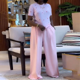 Women's Summer Sweet & Trendy Round Neck Heart Print Short Sleeve Top & Wide-Leg Pants Set