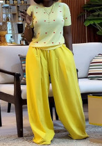 Women's Summer Sweet & Trendy Round Neck Heart Print Short Sleeve Top & Wide-Leg Pants Set