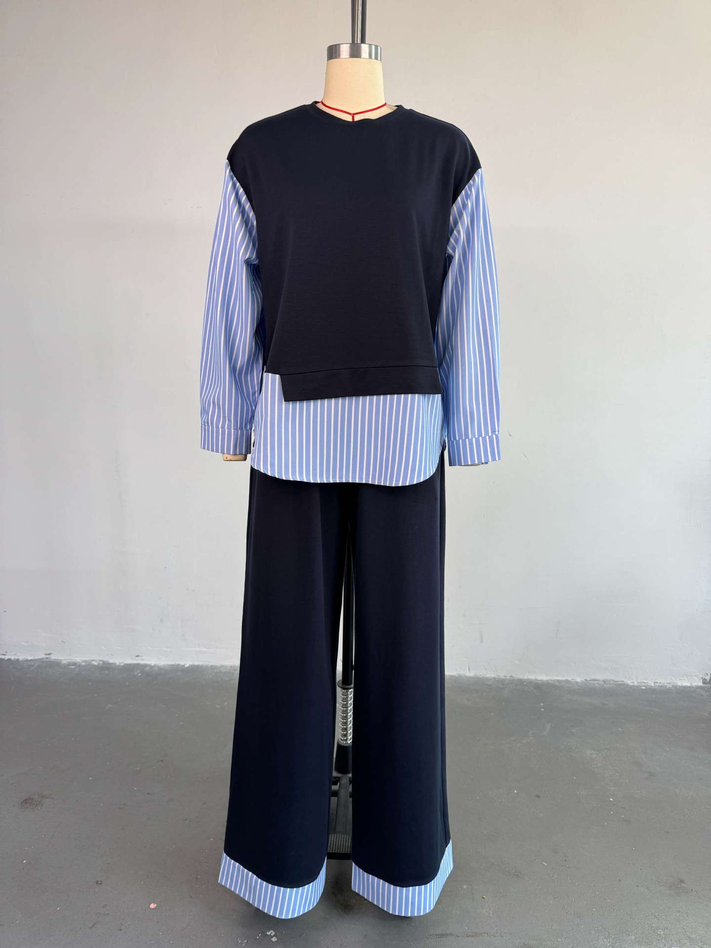 Women's Summer Fashion Round Neck Patchwork Striped Top & High-Waist Pants Casual Set