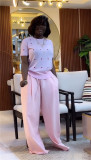 Women's Summer Sweet & Trendy Round Neck Heart Print Short Sleeve Top & Wide-Leg Pants Set