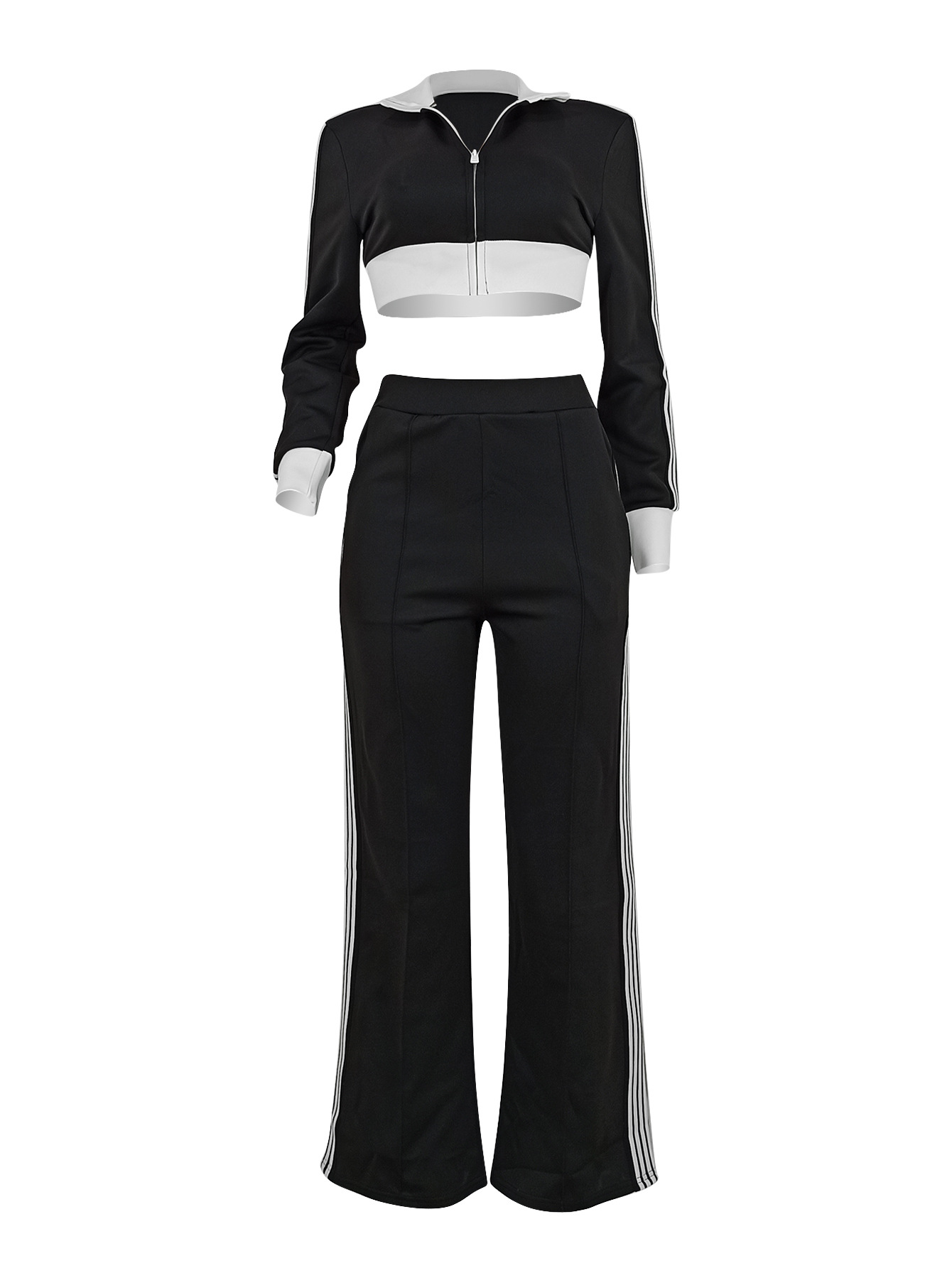Women's Color-Blocked Casual Zip-Up Long Sleeve Top & Side-Stripe Sporty Pants Autumn/Winter Set