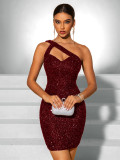 Sexy Slash Shoulder Low Back Sequin Slim Fit Chic Elegant Evening Dress
