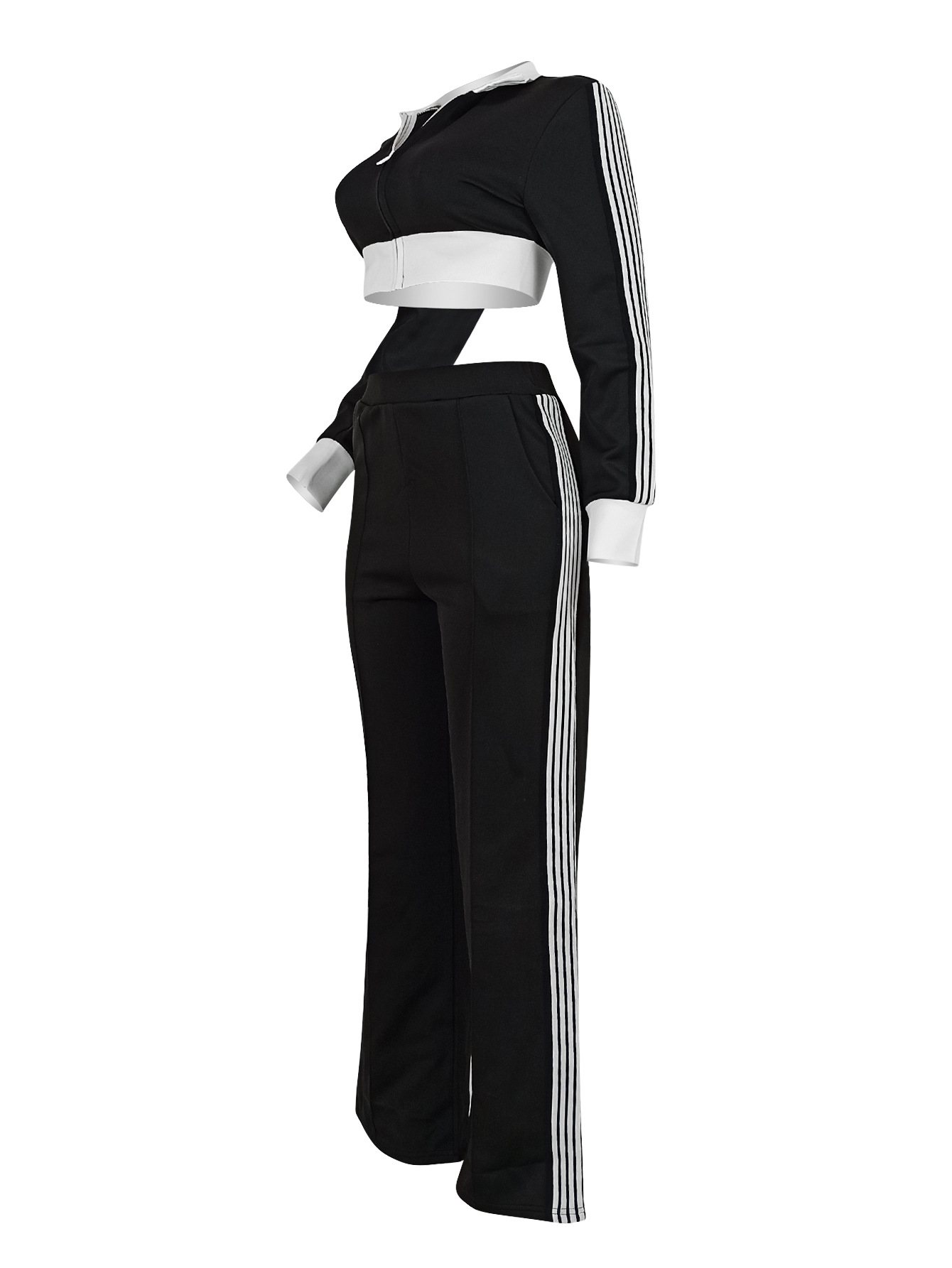 Women's Color-Blocked Casual Zip-Up Long Sleeve Top & Side-Stripe Sporty Pants Autumn/Winter Set