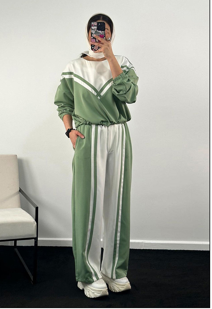 Women Contrast Color twill Casual Top and Pants Two-piece Set