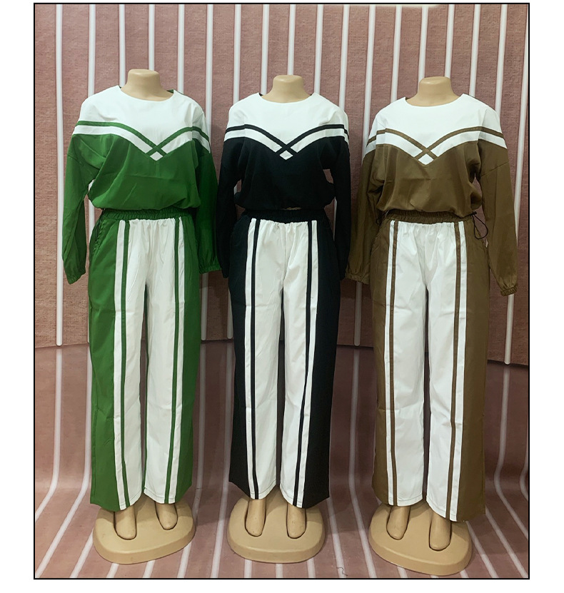 Women Contrast Color twill Casual Top and Pants Two-piece Set