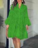 Women Solid V-neck Embroidered Hollow Lace Dress