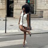 Women French Contrast Sleeveless Turndown Collar Knitting Dress