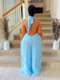 Women Halter Neck V-neck Ribbon Jumpsuit